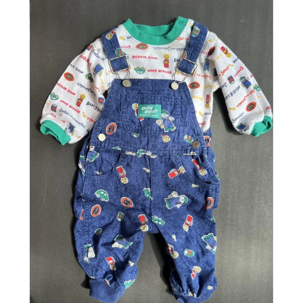 Rare Vintage 90's OshKosh Baby Vestbak Car Mechanic Overalls Set Sz 3-6 Mnths